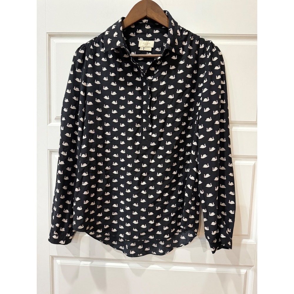 Kate Spade Black Swan Print Silk Blouse Medium Preppy Whimsigoth Cottagecore